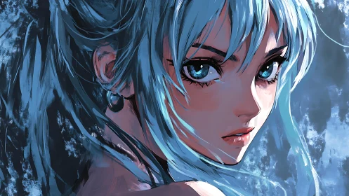 Blue haired anime girl looks back with intense direct gaze