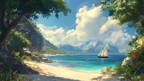 Tropical Beach Cove with Sailboat and Mountain Vista.