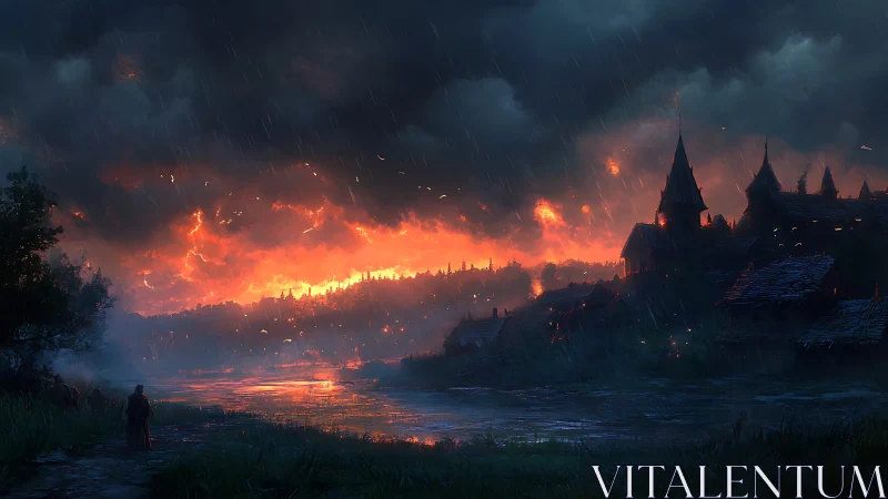 Infernal Kingdom at Dusk: Medieval Fortress Engulfed in Apocalyptic Fire.
