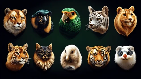 Rendered wildlife collection displaying ten predator species facial portraiture with sculptural volu