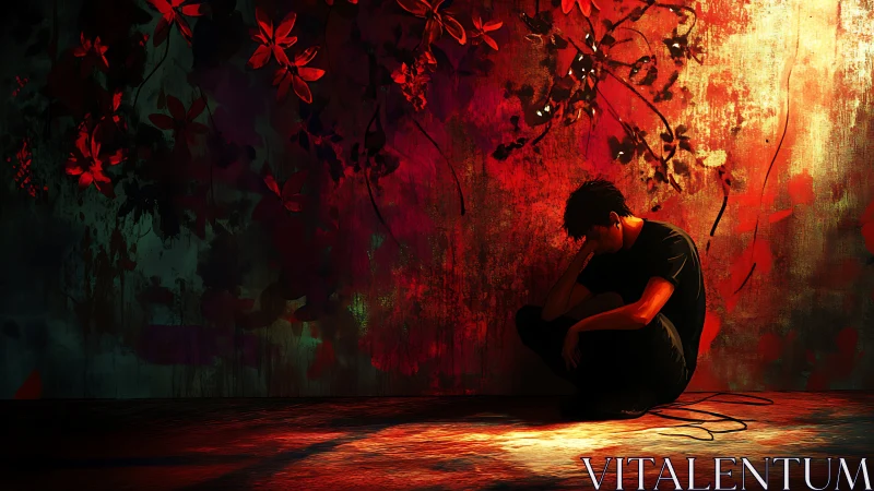 Solitary figure seated against abstract floral wall surface.