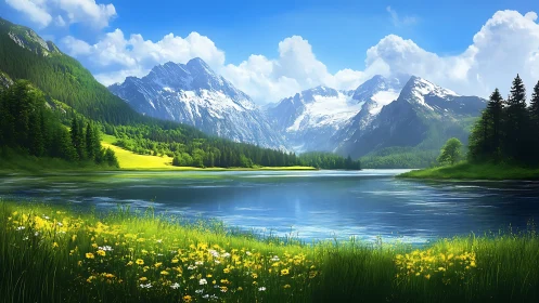 Mountain lake landscape with snow peaks and wildflower shore.