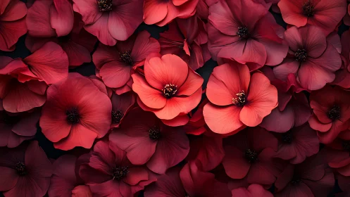 Red cosmos flowers densely layered against black background.