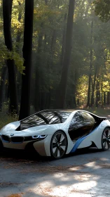 Futuristic BMW glides through sunlit forest silence gracefully.