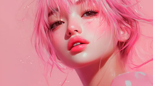 Pink-haired digital portrait glows with glossy softness.