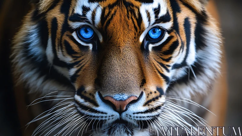 Close frontal portrait of tiger with bright blue eyes.
