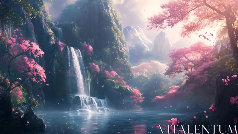 Spectral cascade in a bioluminescent cherry blossom valley.