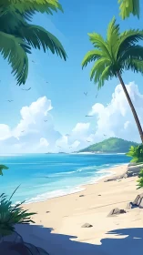 Tropical beach scene rendered with palm trees and island.