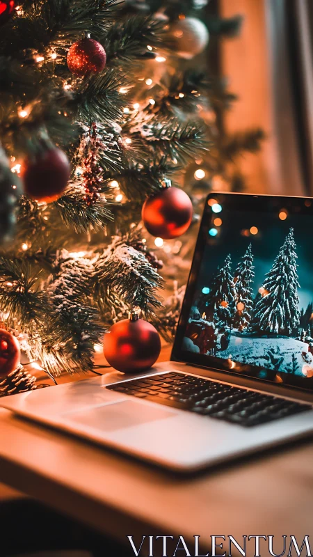 Laptop glows beside ornamented Christmas tree at dusk.