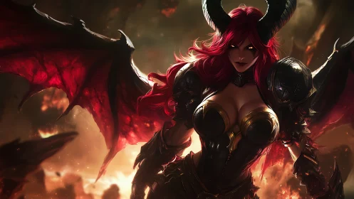 Demon horned woman with red wings stands over fiery ruins