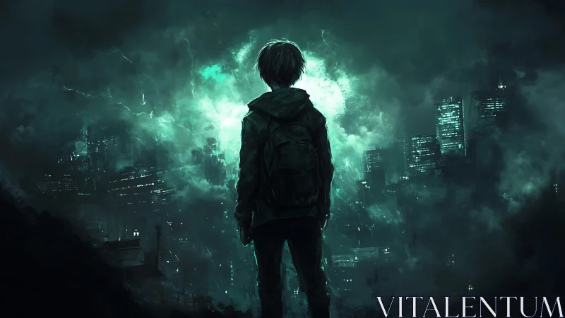 Solitary figure confronts a glowing storm over ruined city.