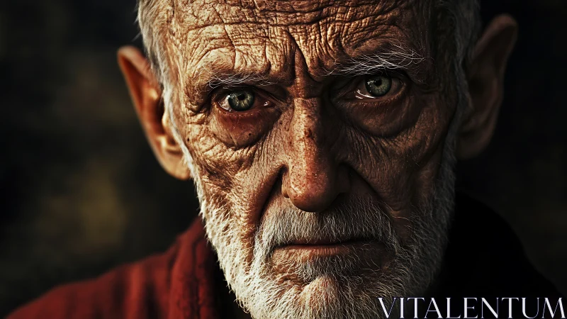 Weathered gaze of an old man carved in light and shadow.