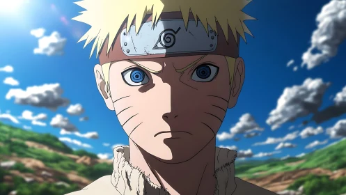 Blond anime youth with headband under bright sky outdoors.