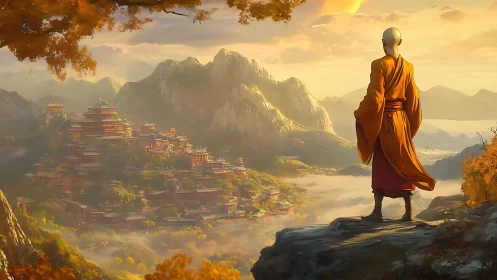 Monk gazing over sunlit mountain temples at dawn.