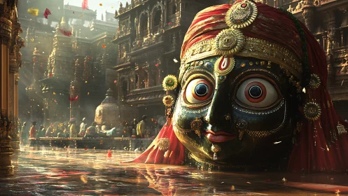 Large ritual mask head in ornate temple courtyard setting.