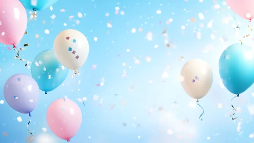 Pastel balloons suspended in clear sky with confetti particles.