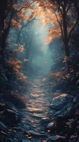 Misty Forest Stream Path Through Golden Canopy.