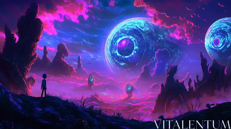 Spectral alien valley with rotating luminescent wormhole spheres.