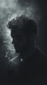 Brooding male silhouette stands in swirling cinematic smoke