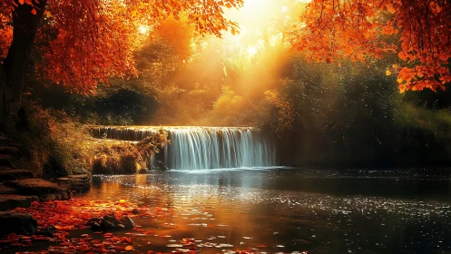 Autumn forest waterfall with sunlit foliage and still pool.