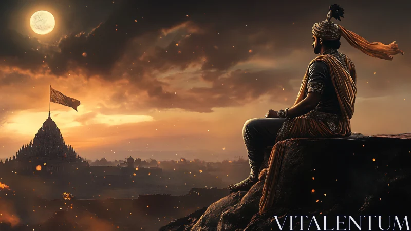 Warrior king at dusk overlooking fortress temple panorama.