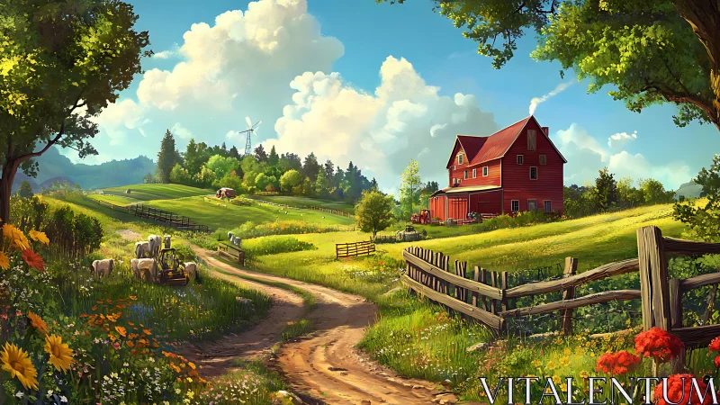 Sunny country lane winding toward a welcoming red barn.