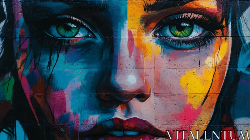 Multicolored female face mural on exterior concrete wall.