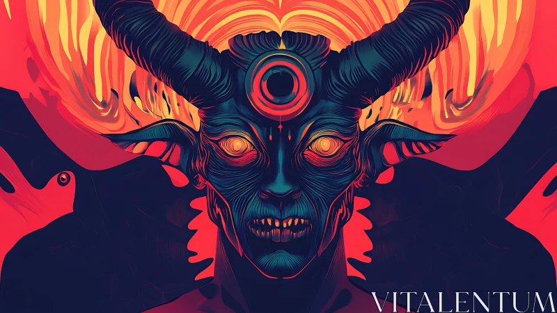 Demonic horned figure rendered in neon, high-contrast colors.