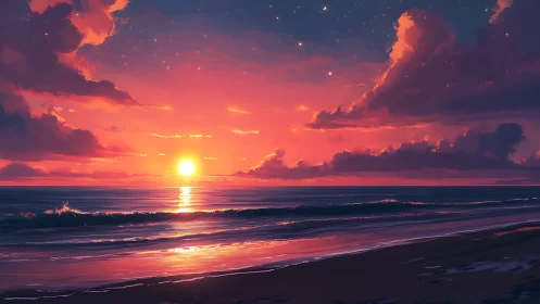 Vibrant digital seascape sunset under glowing clouds.