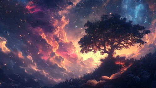 Tree silhouette against luminous cosmic sky at dusk.