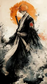 Sword-wielding anime warrior before bold orange sun.