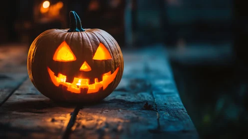 Cinematic jack-o&rsquo;-lantern on rustic timber table at dusk.