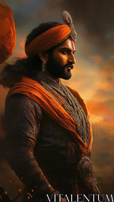 Regal warrior portrait in orange turban under sunset sky