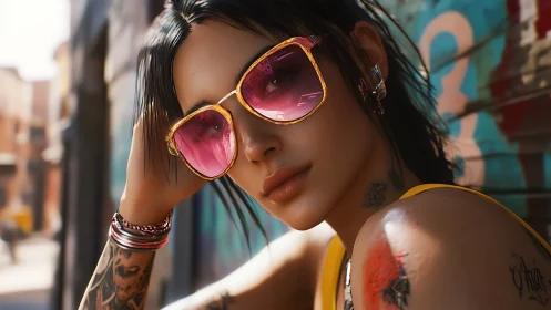 Portrait of tattooed woman in pink sunglasses outdoors.