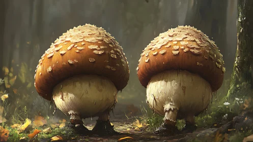 Two anthropomorphic mushrooms stand on a forest pathway