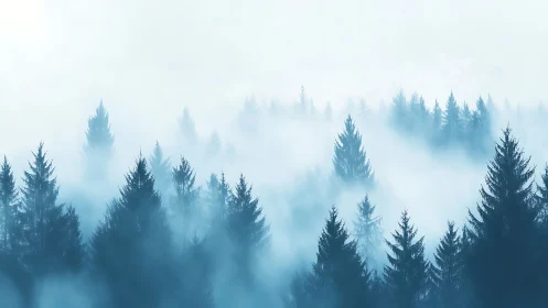 Misty Forest Landscape with Evergreen Trees.