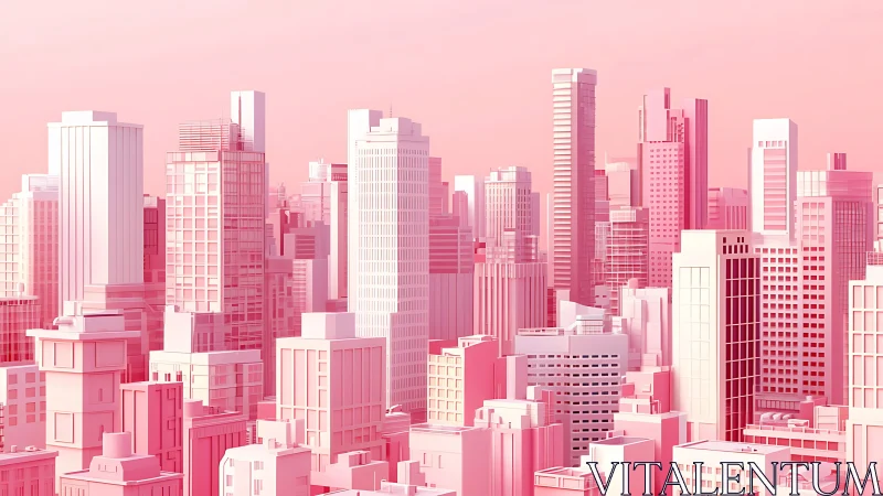Monochrome pink city skyline with geometric highrise forms.