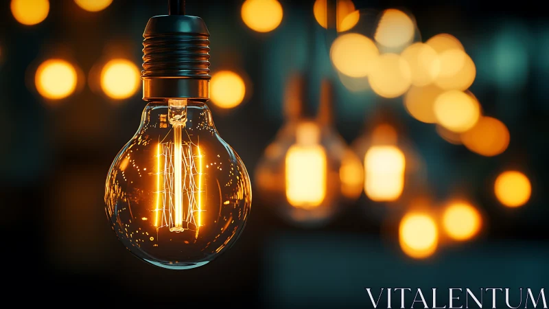 Glowing filament bulb casts warm light in moody darkness