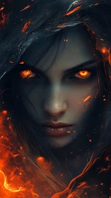 Infernal-eyed sorceress portrait with high-contrast fiery lighting