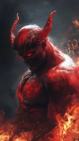 Infernal horned titan in volumetric firelight rendering.