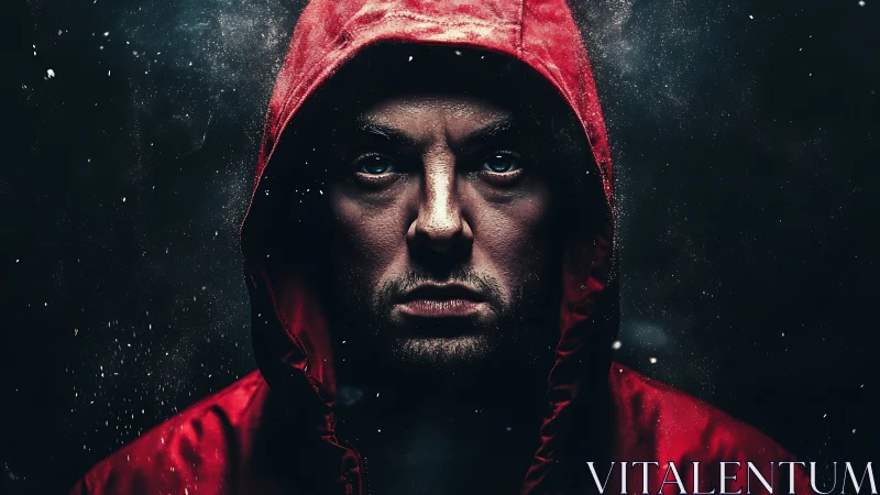 Storm-lit gaze in a red hood, framed by drifting night dust.