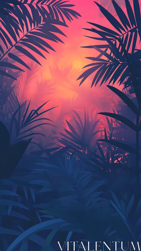 Tropical Sunset Through Palm Silhouettes.