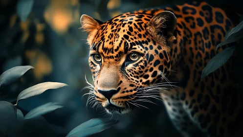 Leopard portrait emerges from defocused jungle foliage in profile