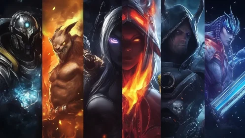 Elemental fantasy heroes aligned in segmented cinematic portrait strip