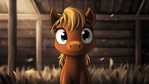 Cartoon foal stands in dim stable with wide-eyed stare.
