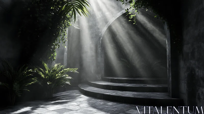 Mystical stone archway welcomes soft morning light and calm