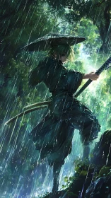 Sword-bearing figure stands in forest rain holding umbrella