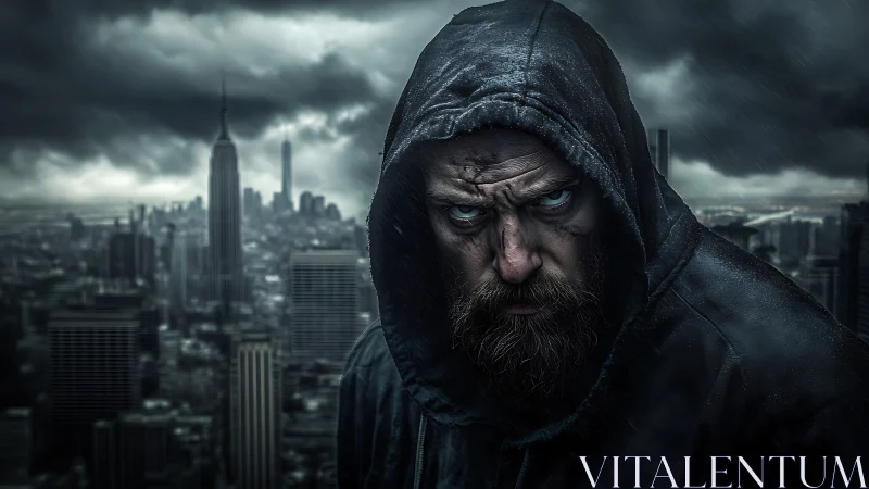 Weathered vigilante in a stormy city rooftop moment.