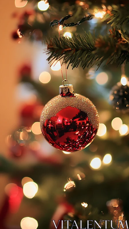 Red glass Christmas bauble on tree with warm bokeh lights.
