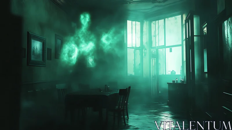 Ghostly green apparition forms in dim abandoned dining room